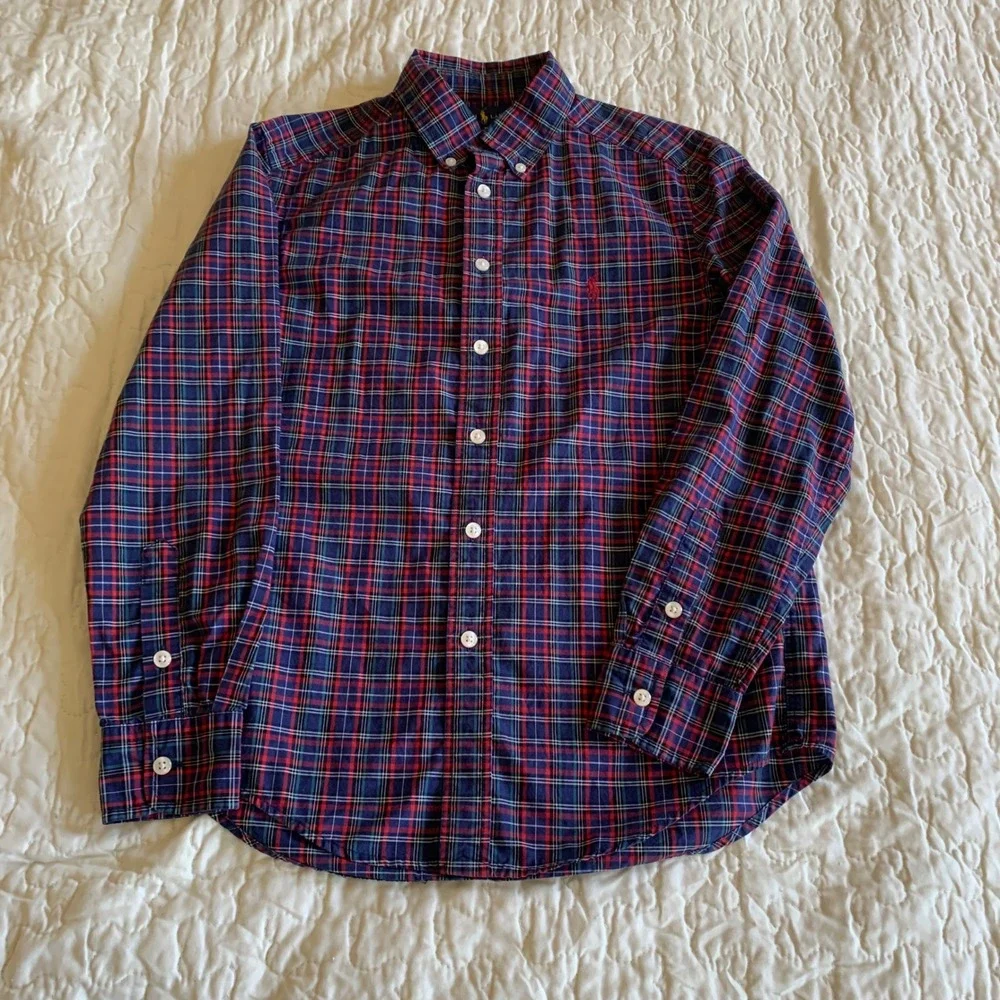Ralph Lauren M (10-12) Button Down Shirt Blue Red Plaid Cotton Long Sleeve Pony
